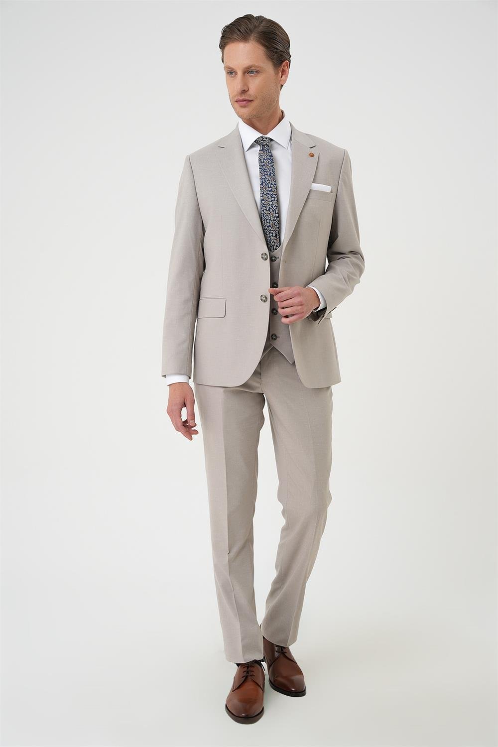 Tk 914 Slim Fit Çift Yırtmaç Keten Karışımlı Yelekli Klasik Taş Takım Elbise 