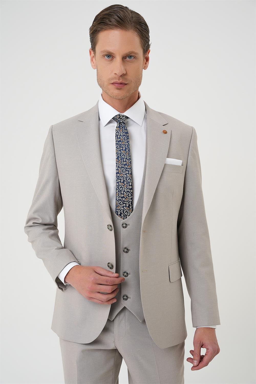 Tk 914 Slim Fit Çift Yırtmaç Keten Karışımlı Yelekli Klasik Taş Takım Elbise 