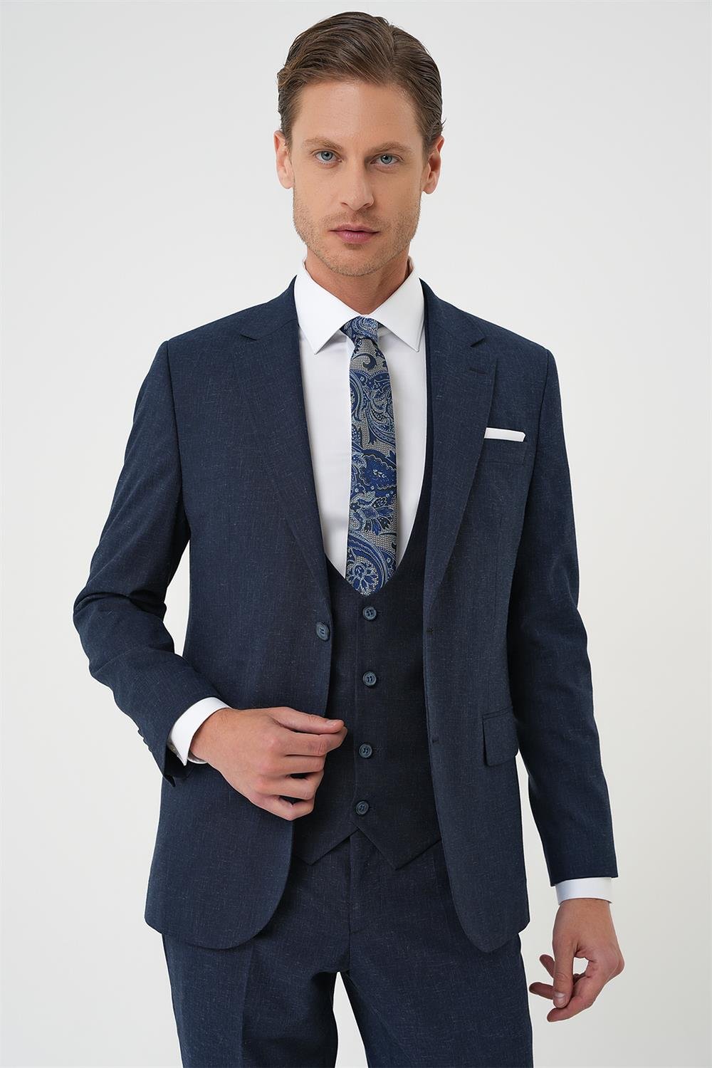 Tk 914 Slim Fit Çift Yırtmaç Keten Karışımlı Yelekli Klasik Lacivert Takım Elbise 