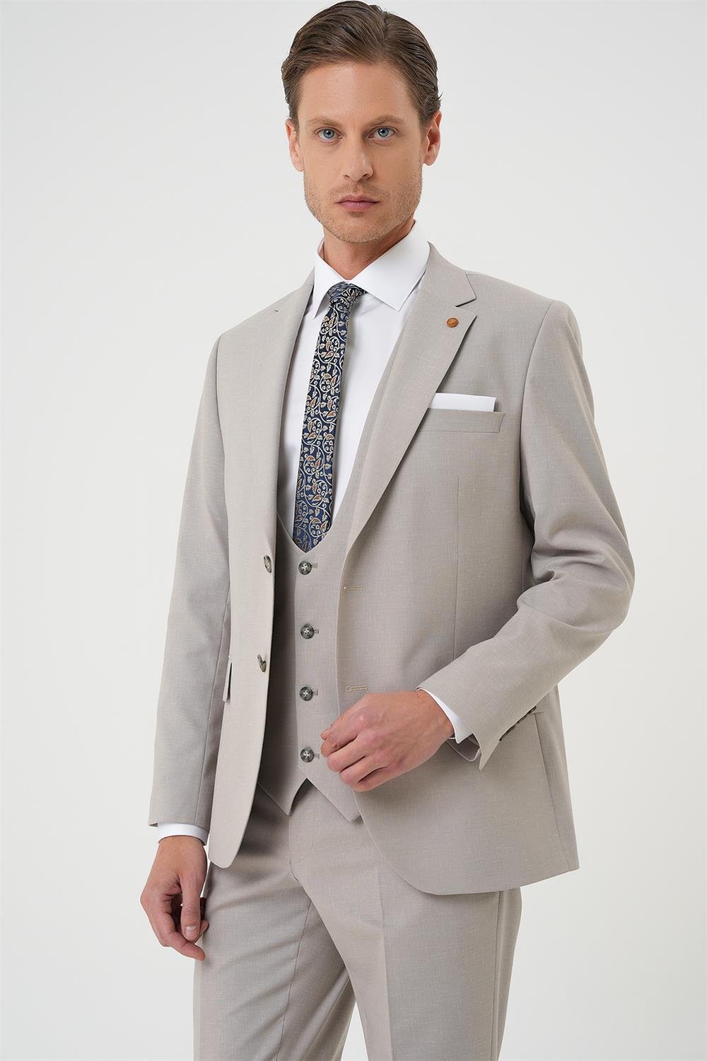 Tk 914 Slim Fit Çift Yırtmaç Keten Karışımlı Yelekli Klasik Taş Takım Elbise 