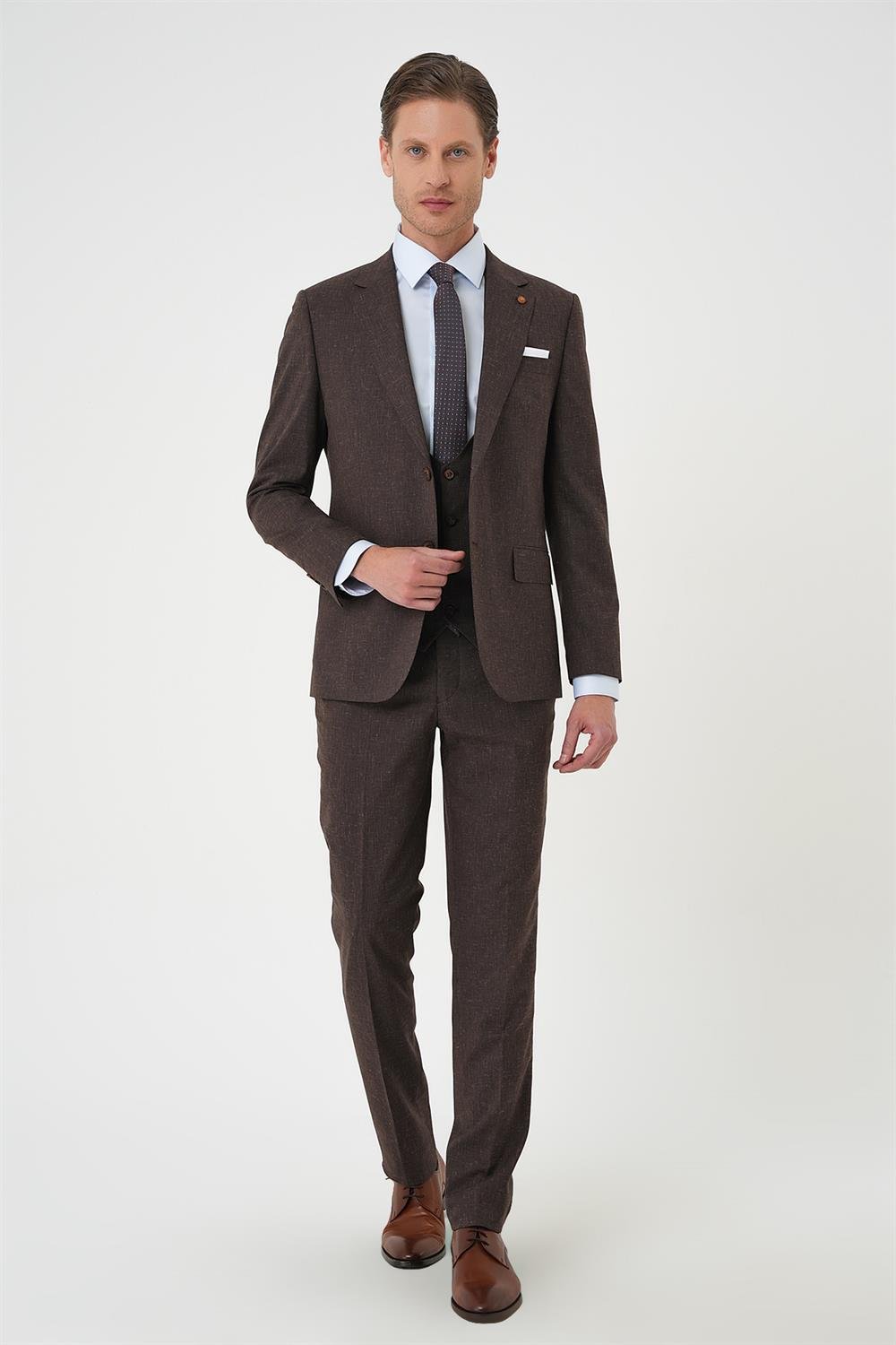 Tk 914 Slim Fit Çift Yırtmaç Keten Karışımlı Yelekli Klasik Kahve Takım Elbise 