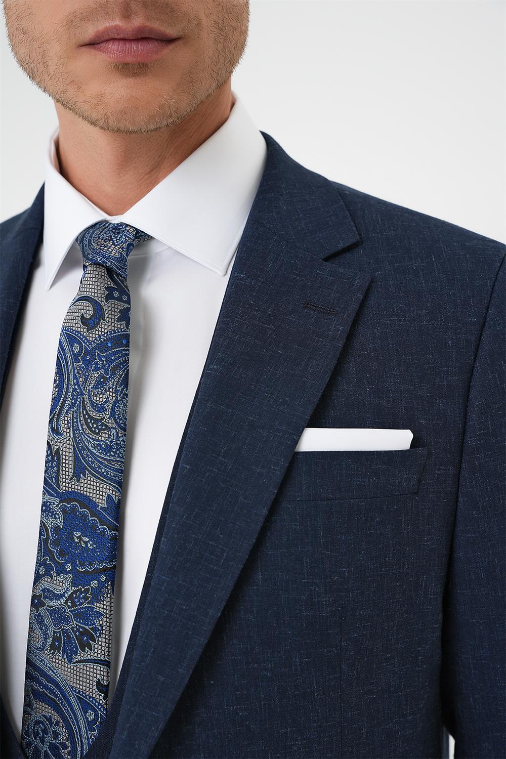 Tk 914 Slim Fit Çift Yırtmaç Keten Karışımlı Yelekli Klasik Lacivert Takım Elbise 