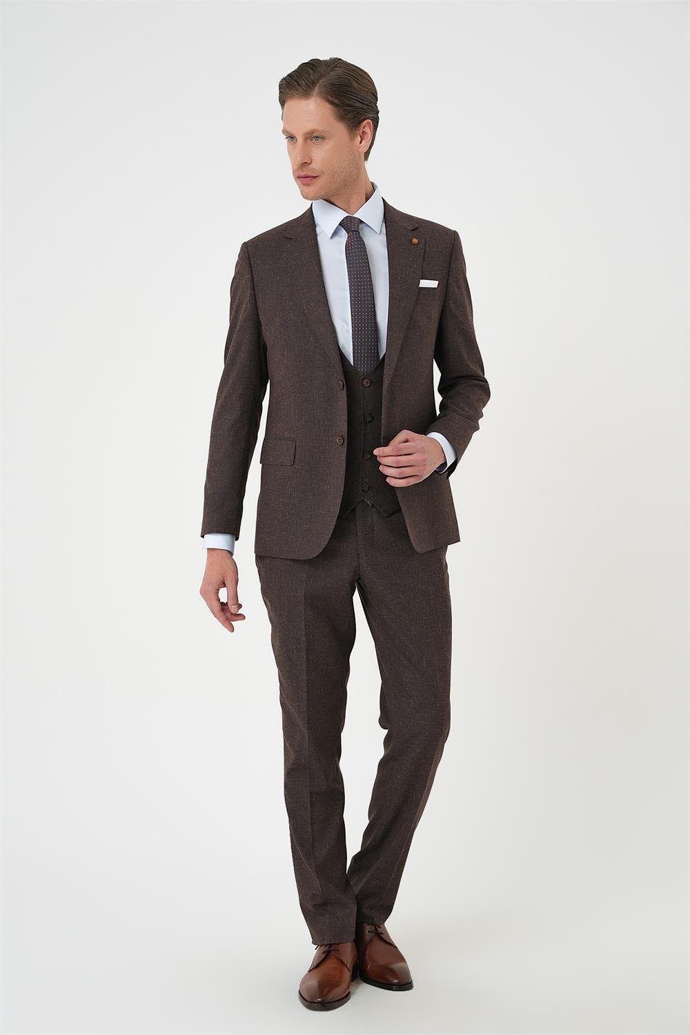 Tk 914 Slim Fit Çift Yırtmaç Keten Karışımlı Yelekli Klasik Kahve Takım Elbise 