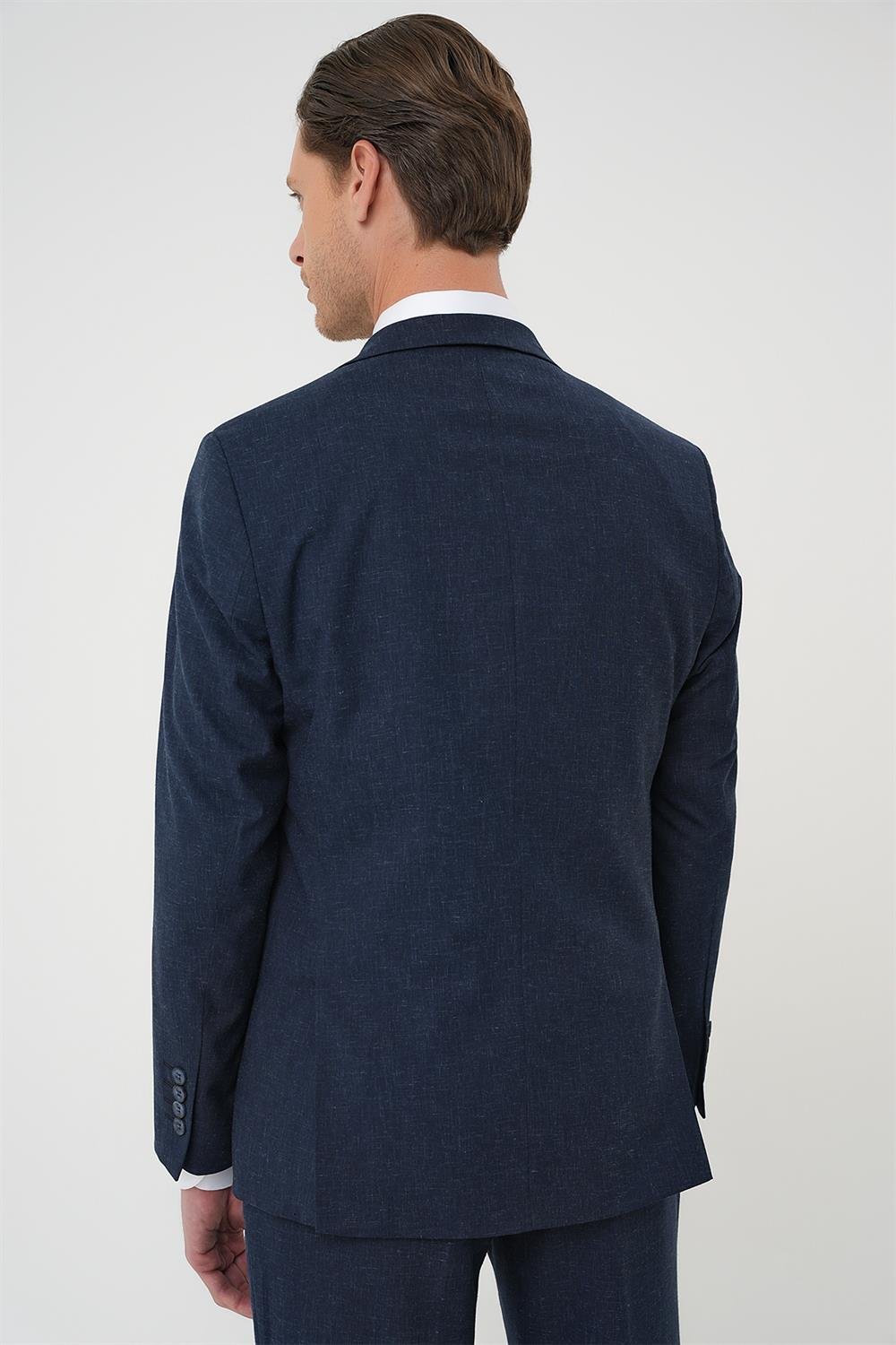 Tk 914 Slim Fit Çift Yırtmaç Keten Karışımlı Yelekli Klasik Lacivert Takım Elbise 