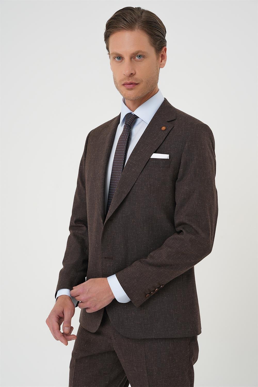 Tk 914 Slim Fit Çift Yırtmaç Keten Karışımlı Yelekli Klasik Kahve Takım Elbise 