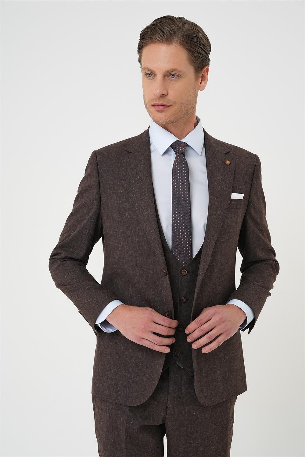 Tk 914 Slim Fit Çift Yırtmaç Keten Karışımlı Yelekli Klasik Kahve Takım Elbise 