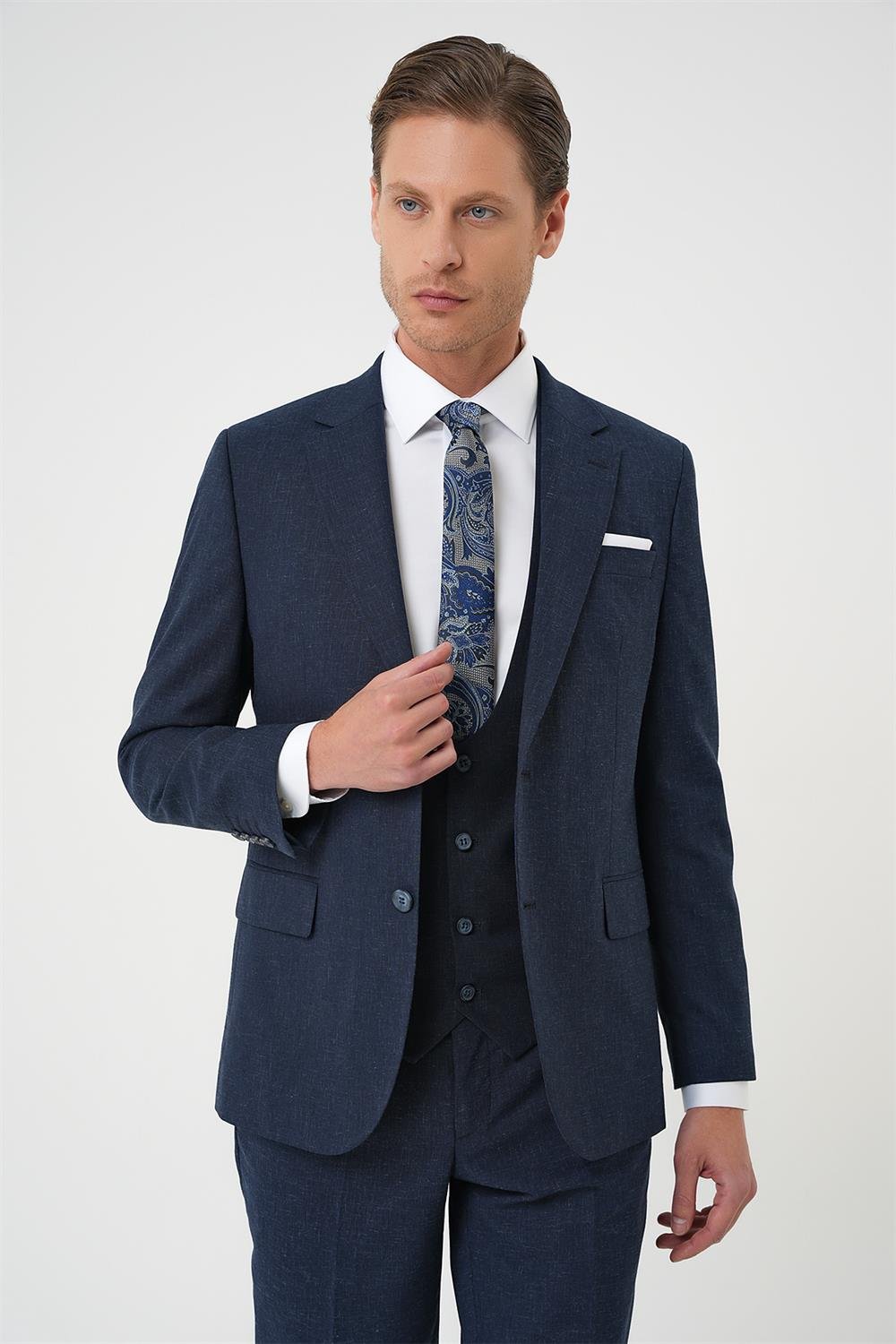 Tk 914 Slim Fit Çift Yırtmaç Keten Karışımlı Yelekli Klasik Lacivert Takım Elbise 