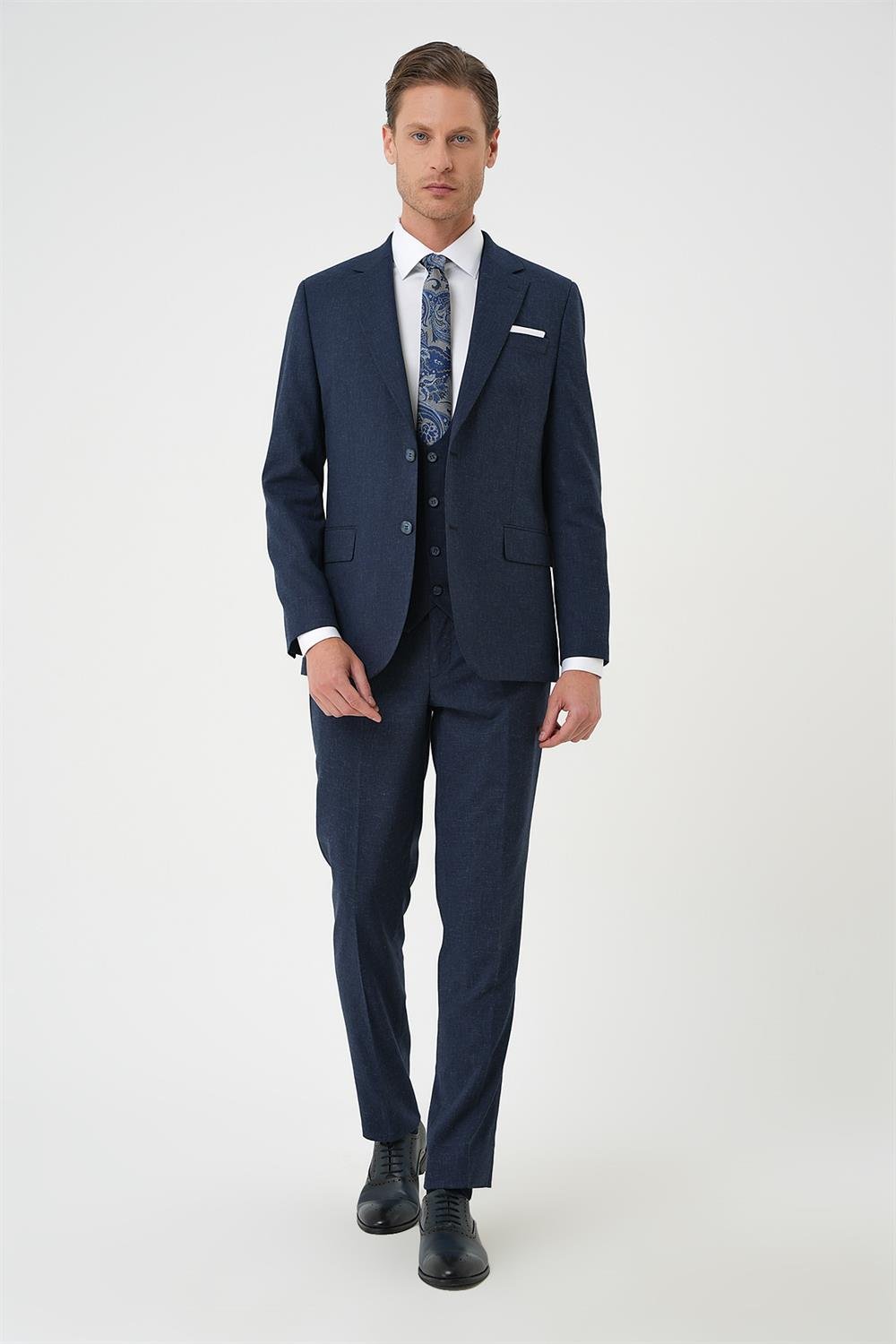 Tk 914 Slim Fit Çift Yırtmaç Keten Karışımlı Yelekli Klasik Lacivert Takım Elbise 