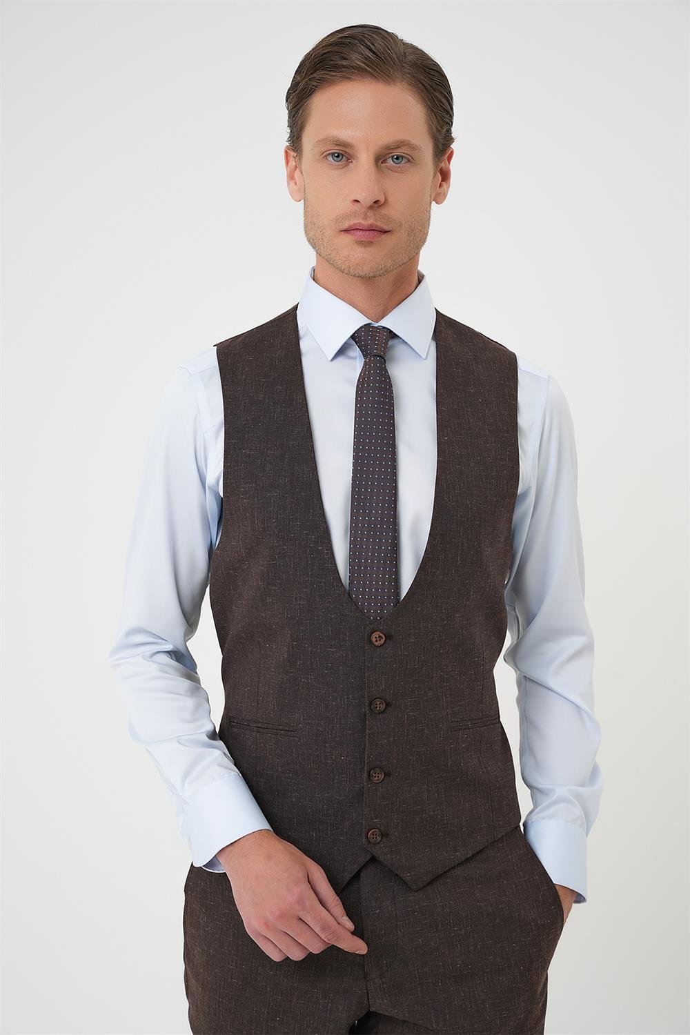 Tk 914 Slim Fit Çift Yırtmaç Keten Karışımlı Yelekli Klasik Kahve Takım Elbise 