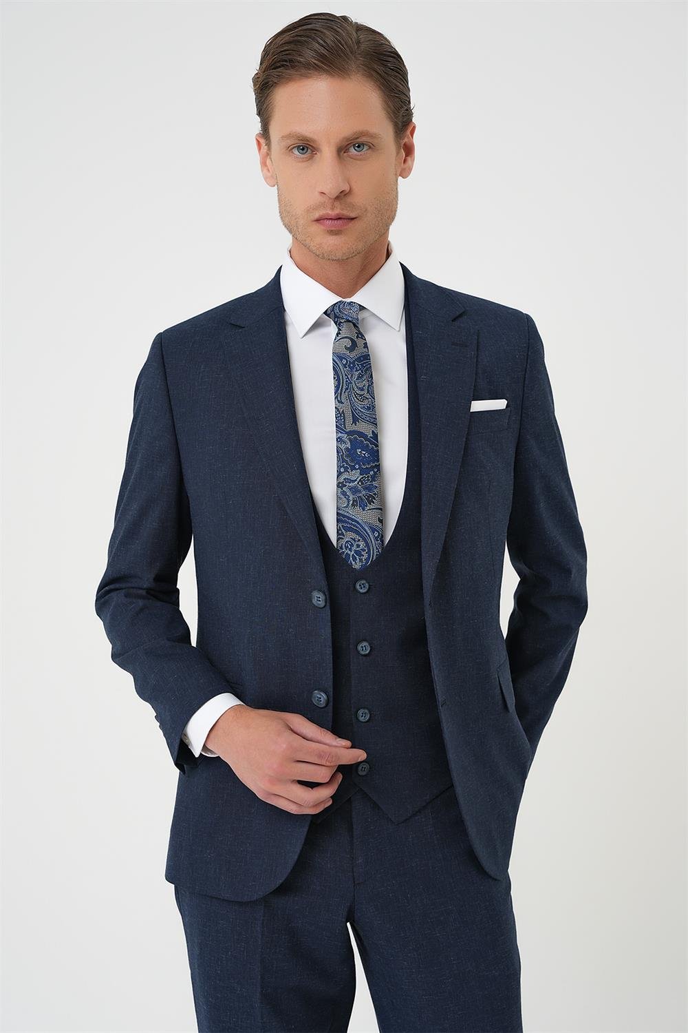 Tk 914 Slim Fit Çift Yırtmaç Keten Karışımlı Yelekli Klasik Lacivert Takım Elbise 