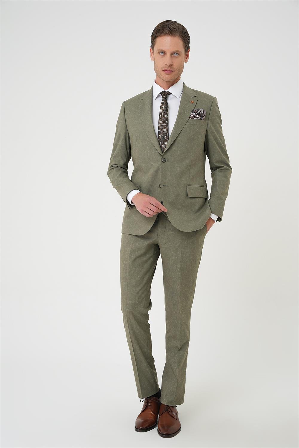 Tk 914 Slim Fit Çift Yırtmaç Keten Karışımlı Yelekli Klasik Haki Takım Elbise 