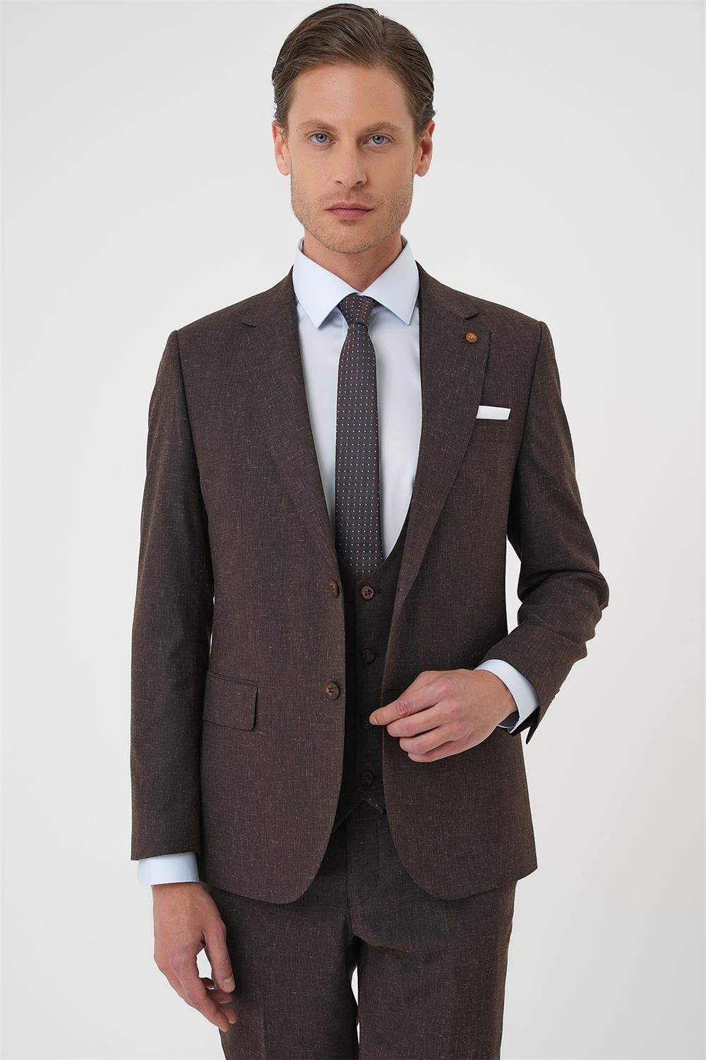 Tk 914 Slim Fit Çift Yırtmaç Keten Karışımlı Yelekli Klasik Kahve Takım Elbise 