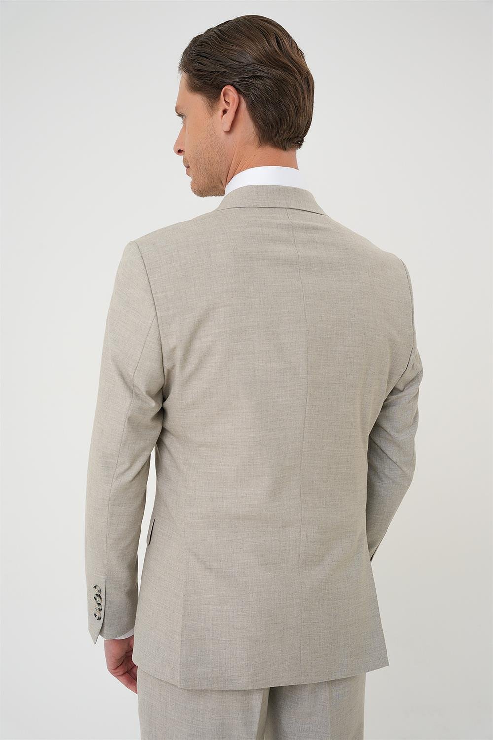 Tk 915 Slim Fit Çift Yırtmaç Dokulu Esnek Klasik Bej Takım Elbise