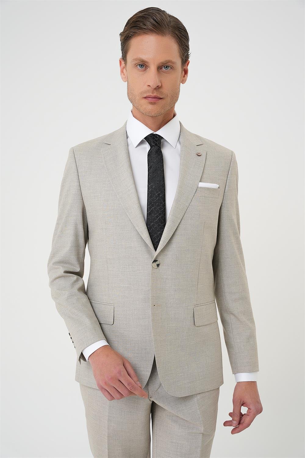 Tk 915 Slim Fit Çift Yırtmaç Dokulu Esnek Klasik Bej Takım Elbise
