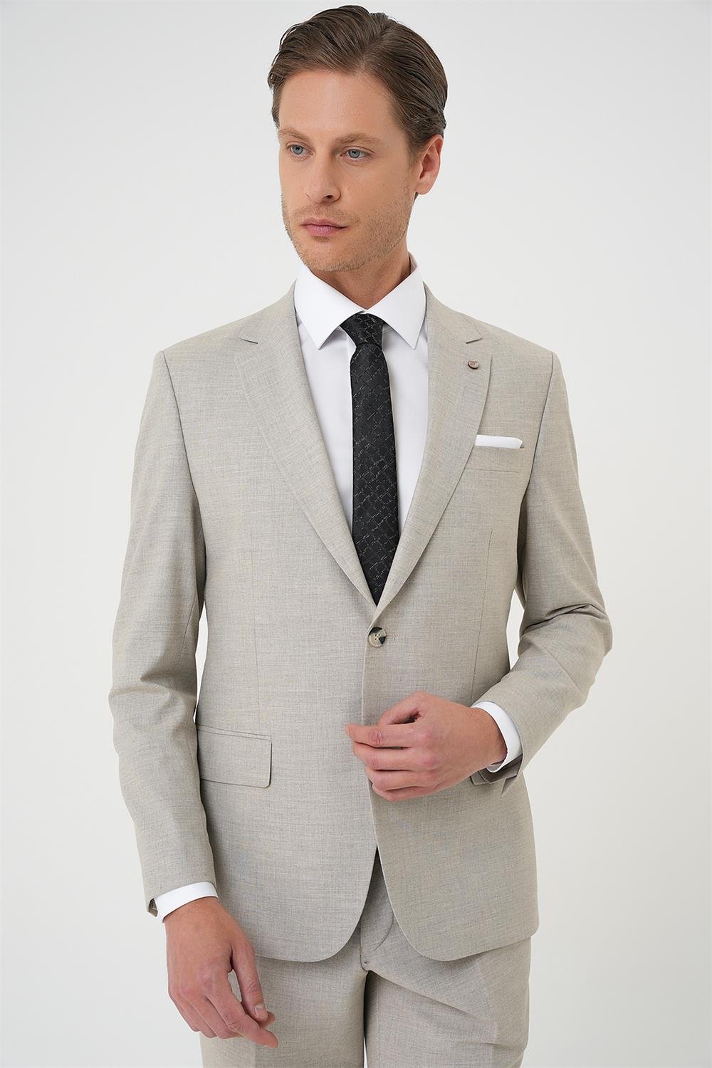 Tk 915 Slim Fit Çift Yırtmaç Dokulu Esnek Klasik Bej Takım Elbise