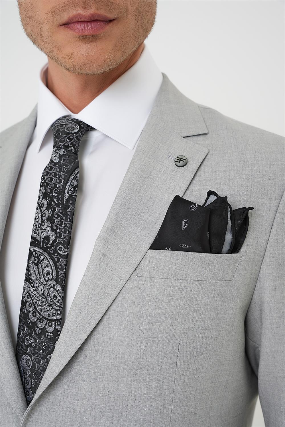 Tk 915 Slim Fit Çift Yırtmaç Dokulu Esnek Klasik Gri Takım Elbise