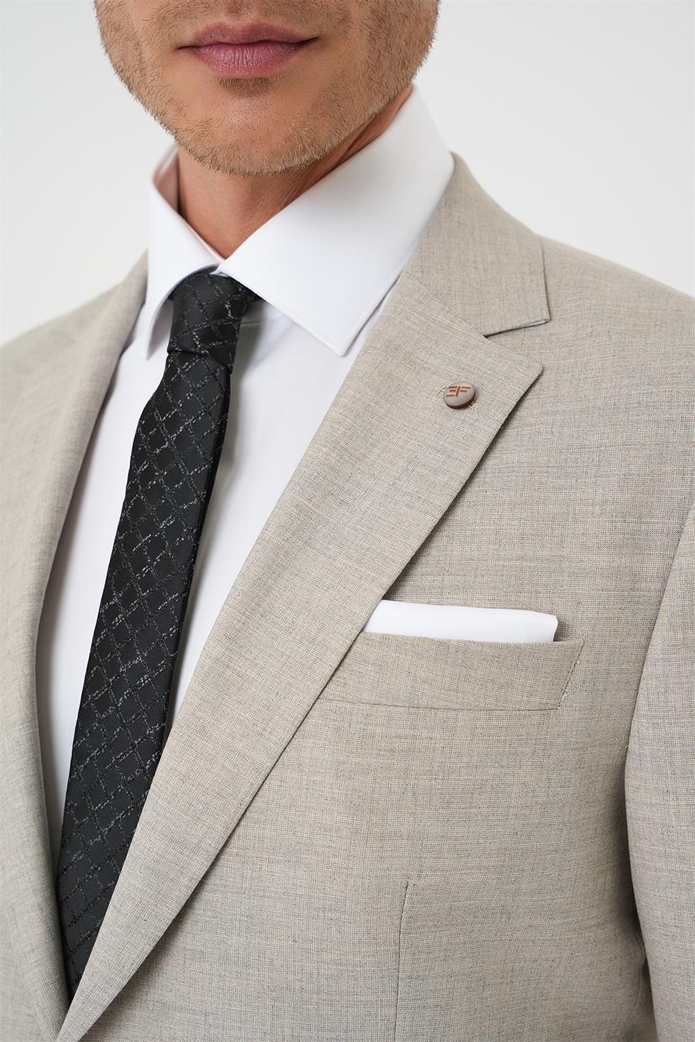 Tk 915 Slim Fit Çift Yırtmaç Dokulu Esnek Klasik Bej Takım Elbise