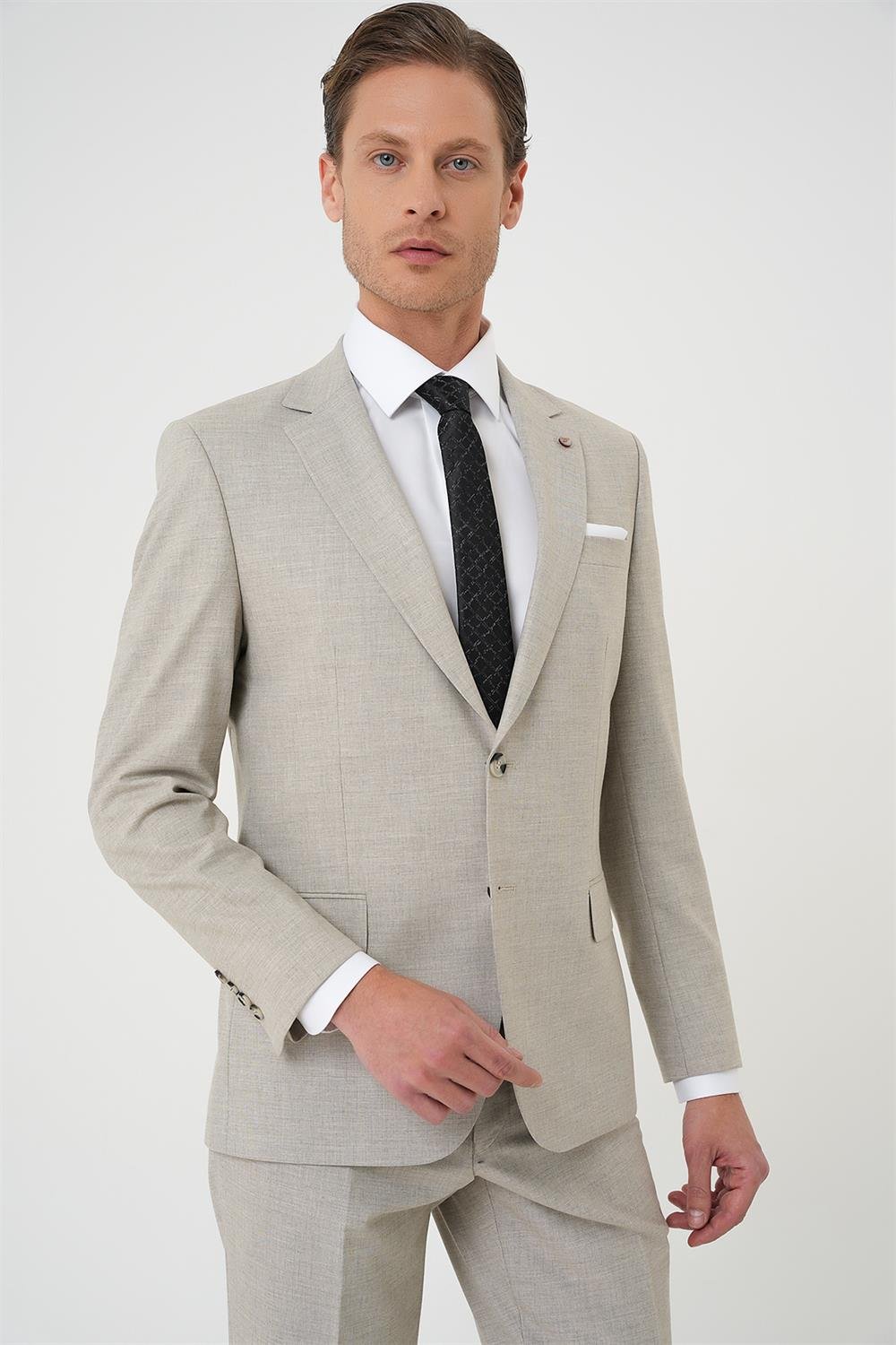 Tk 915 Slim Fit Çift Yırtmaç Dokulu Esnek Klasik Bej Takım Elbise