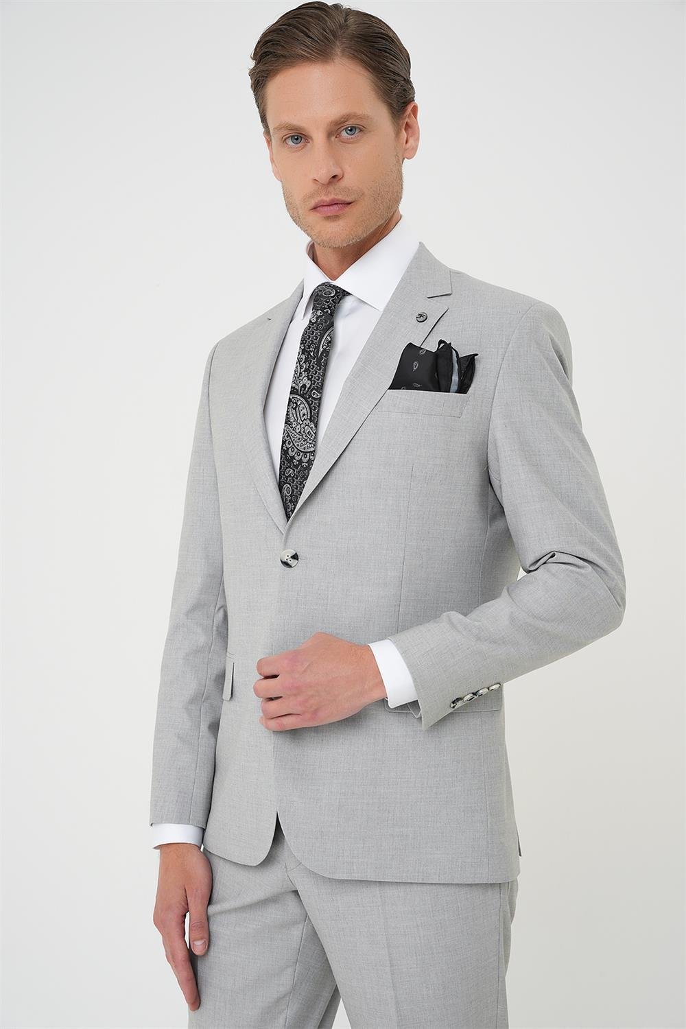 Tk 915 Slim Fit Çift Yırtmaç Dokulu Esnek Klasik Gri Takım Elbise