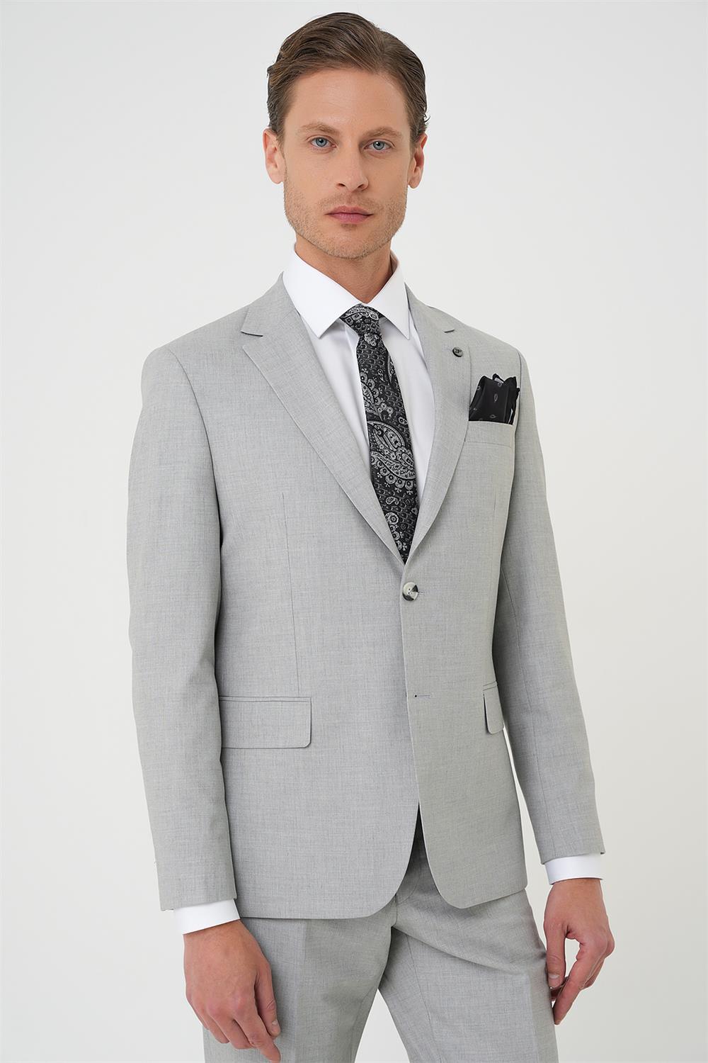 Tk 915 Slim Fit Çift Yırtmaç Dokulu Esnek Klasik Gri Takım Elbise