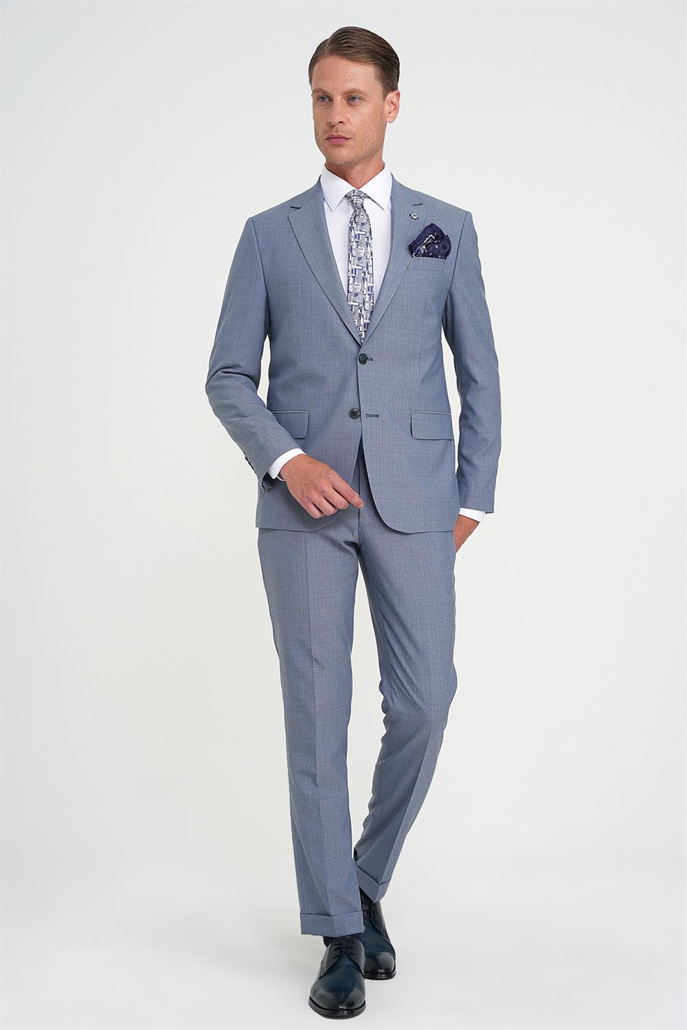 Tk 916 Slim Fit Çift Yırtmaç Esnek Yelekli Klasik Havacı Mavi Takım Elbise