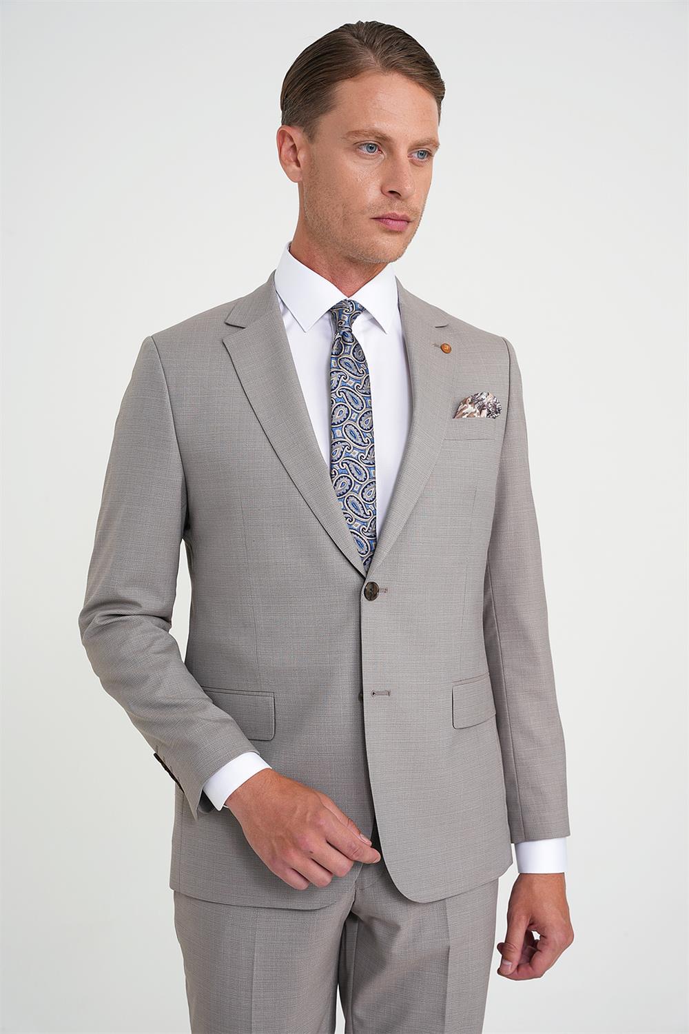 Tk 916 Slim Fit Çift Yırtmaç Esnek Yelekli Klasik Bej Takım Elbise