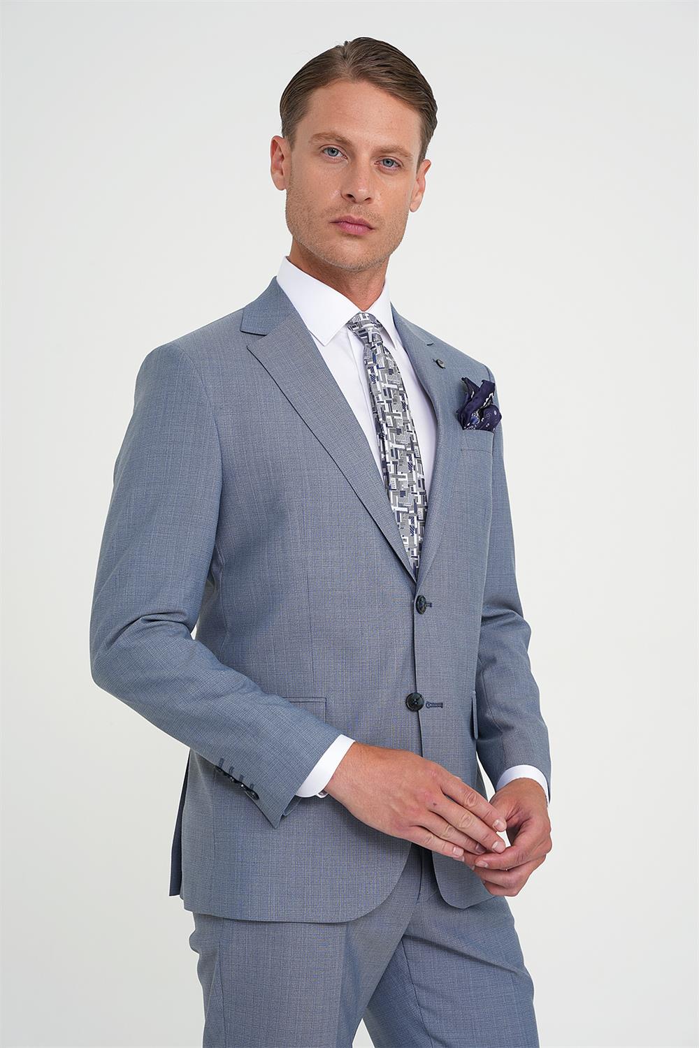 Tk 916 Slim Fit Çift Yırtmaç Esnek Yelekli Klasik Havacı Mavi Takım Elbise