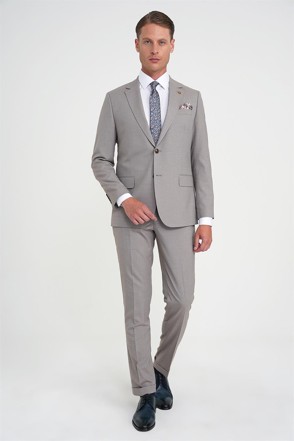 Tk 916 Slim Fit Çift Yırtmaç Esnek Yelekli Klasik Bej Takım Elbise