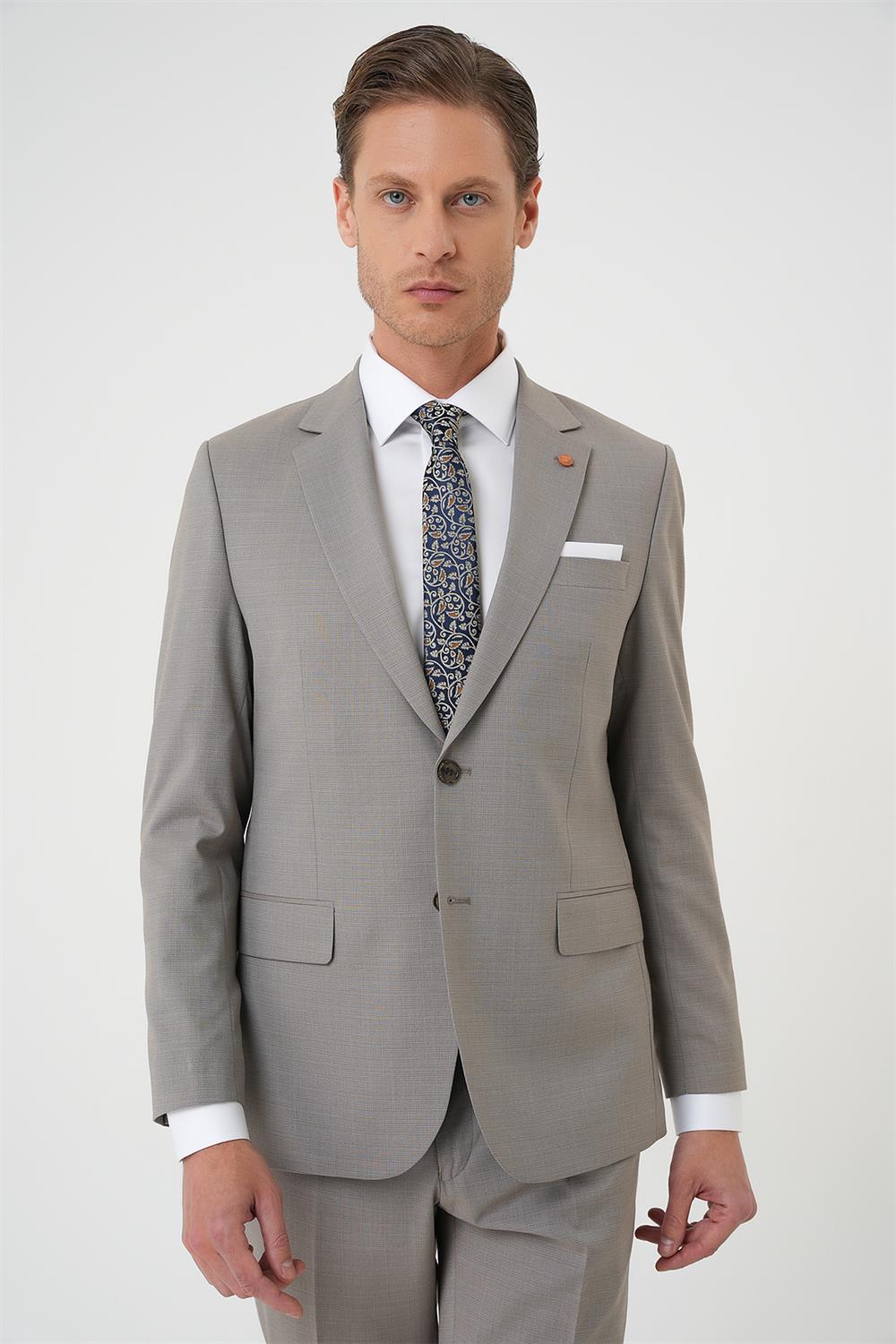 Tk 916 Slim Fit Çift Yırtmaç Esnek Yelekli Klasik Bej Takım Elbise