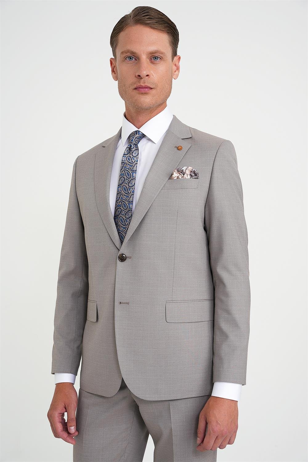 Tk 916 Slim Fit Çift Yırtmaç Esnek Yelekli Klasik Bej Takım Elbise