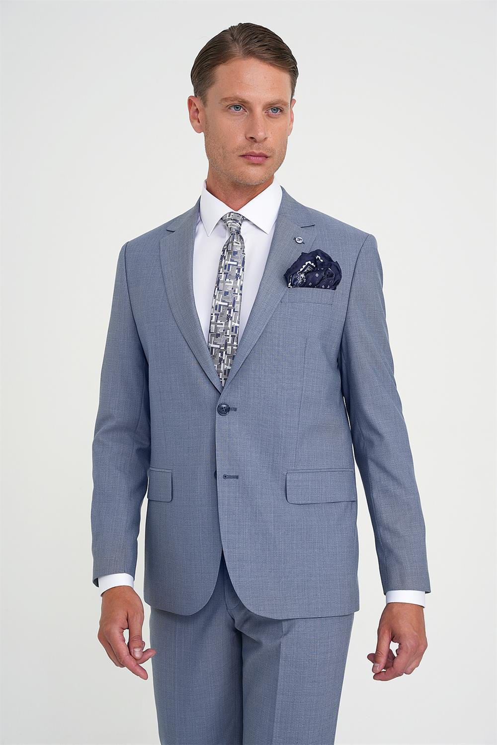 Tk 916 Slim Fit Çift Yırtmaç Esnek Yelekli Klasik Havacı Mavi Takım Elbise