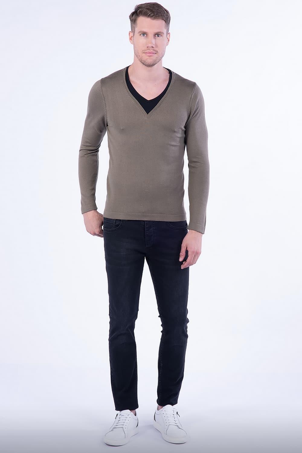 TR 791 Slim Fit Haki V Yaka Triko