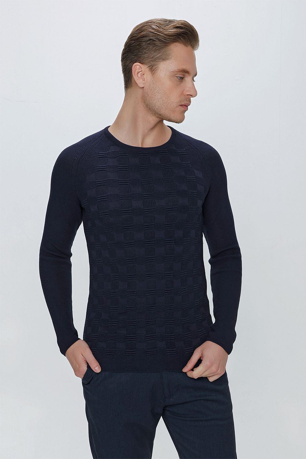 TR 854 Slim Fit Lacivert Klasik Triko