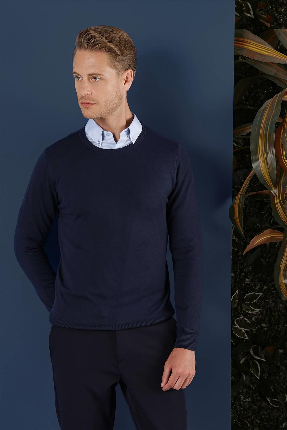 TR 858 Slim Fit Lacivert Klasik Triko