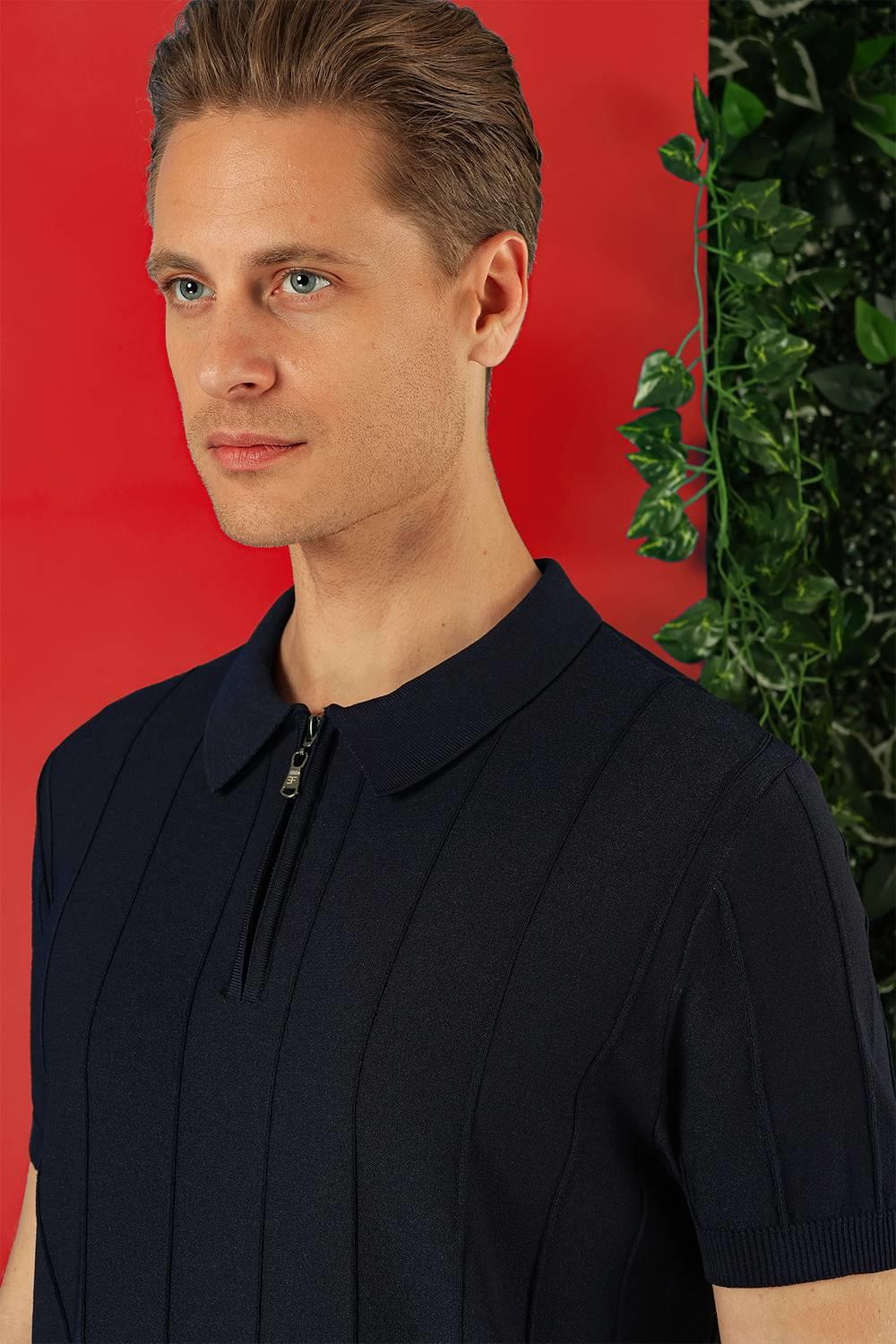 Tr 865 Slim Fit Fermuarlı Polo Yaka Kısa Kol Lacivert Triko