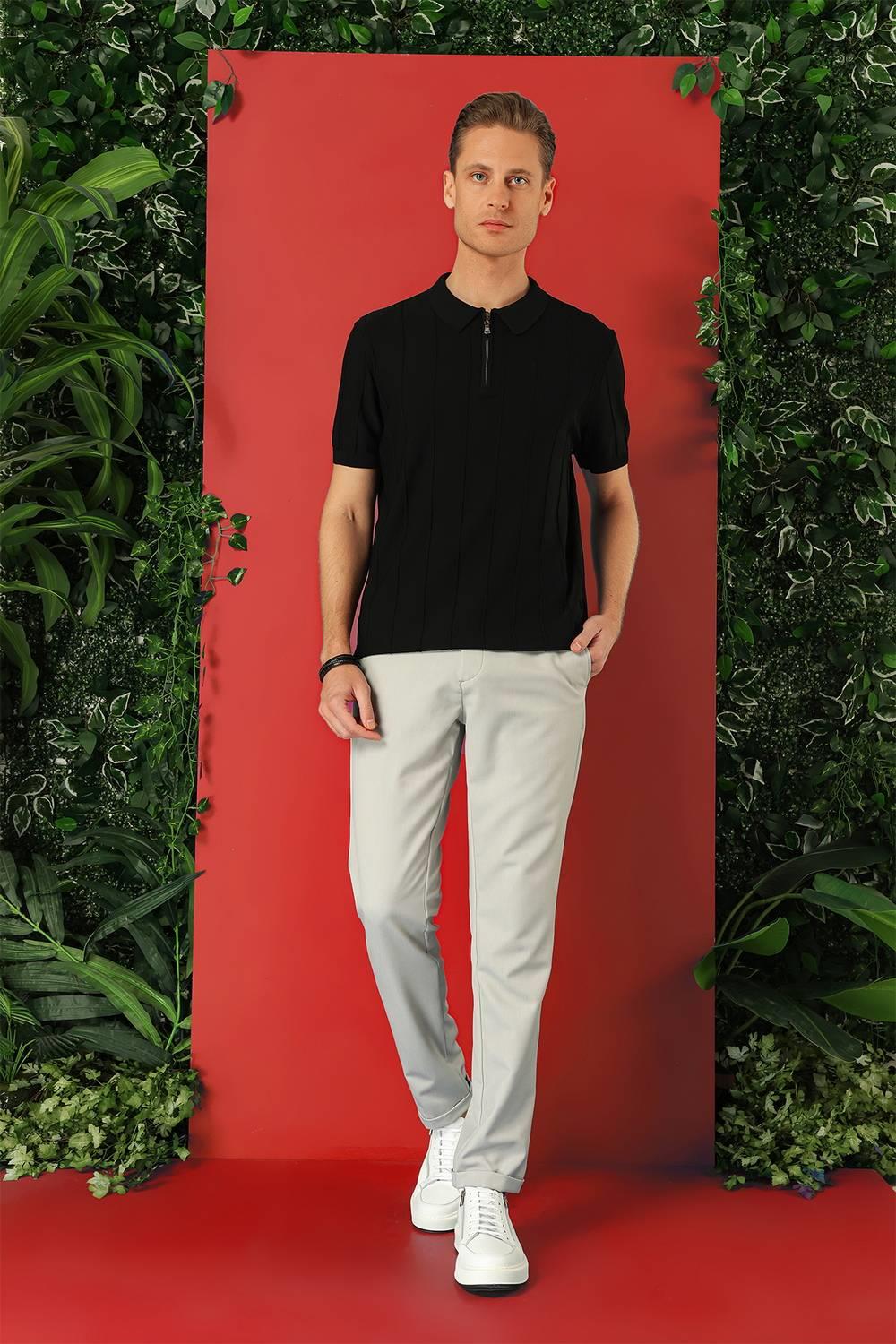 Tr 865 Slim Fit Fermuarlı Polo Yaka Kısa Kol Siyah Triko