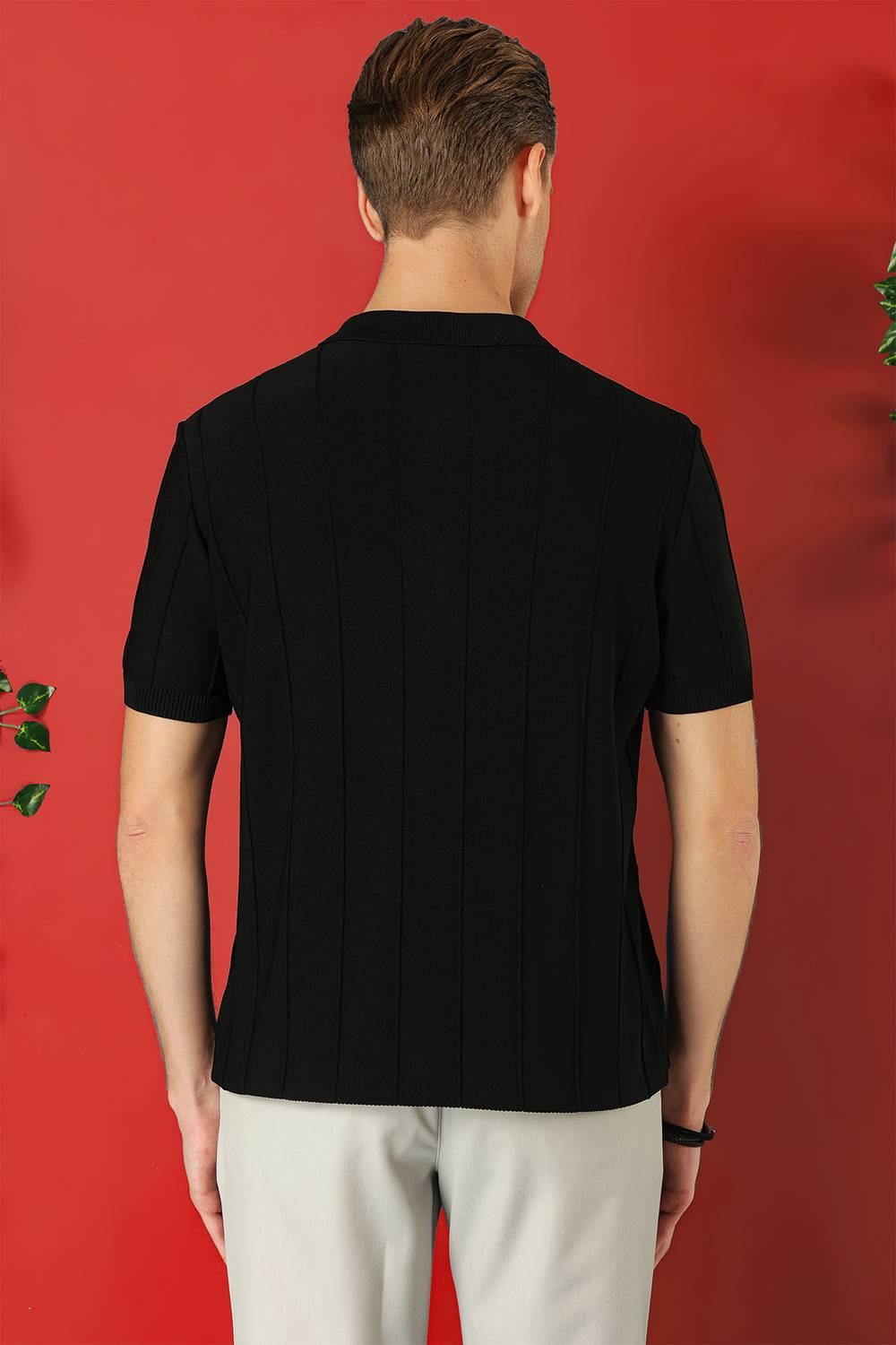 Tr 865 Slim Fit Fermuarlı Polo Yaka Kısa Kol Siyah Triko