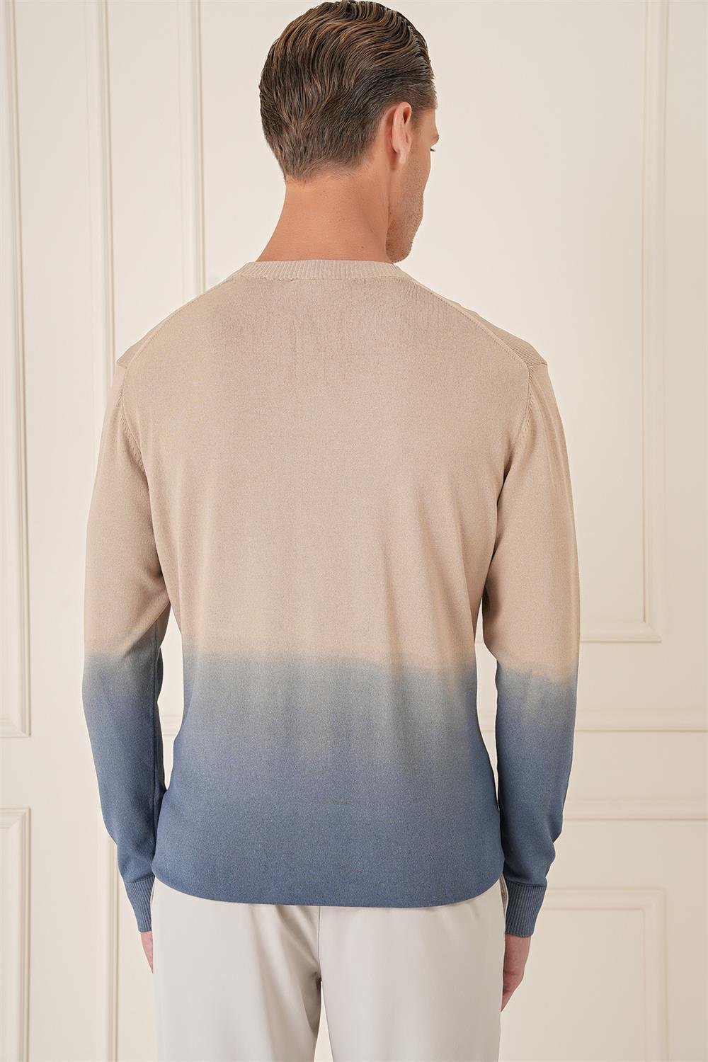 Tr 866 Slim Fit Degrade Desen Bisiklet Yaka Mavi Triko