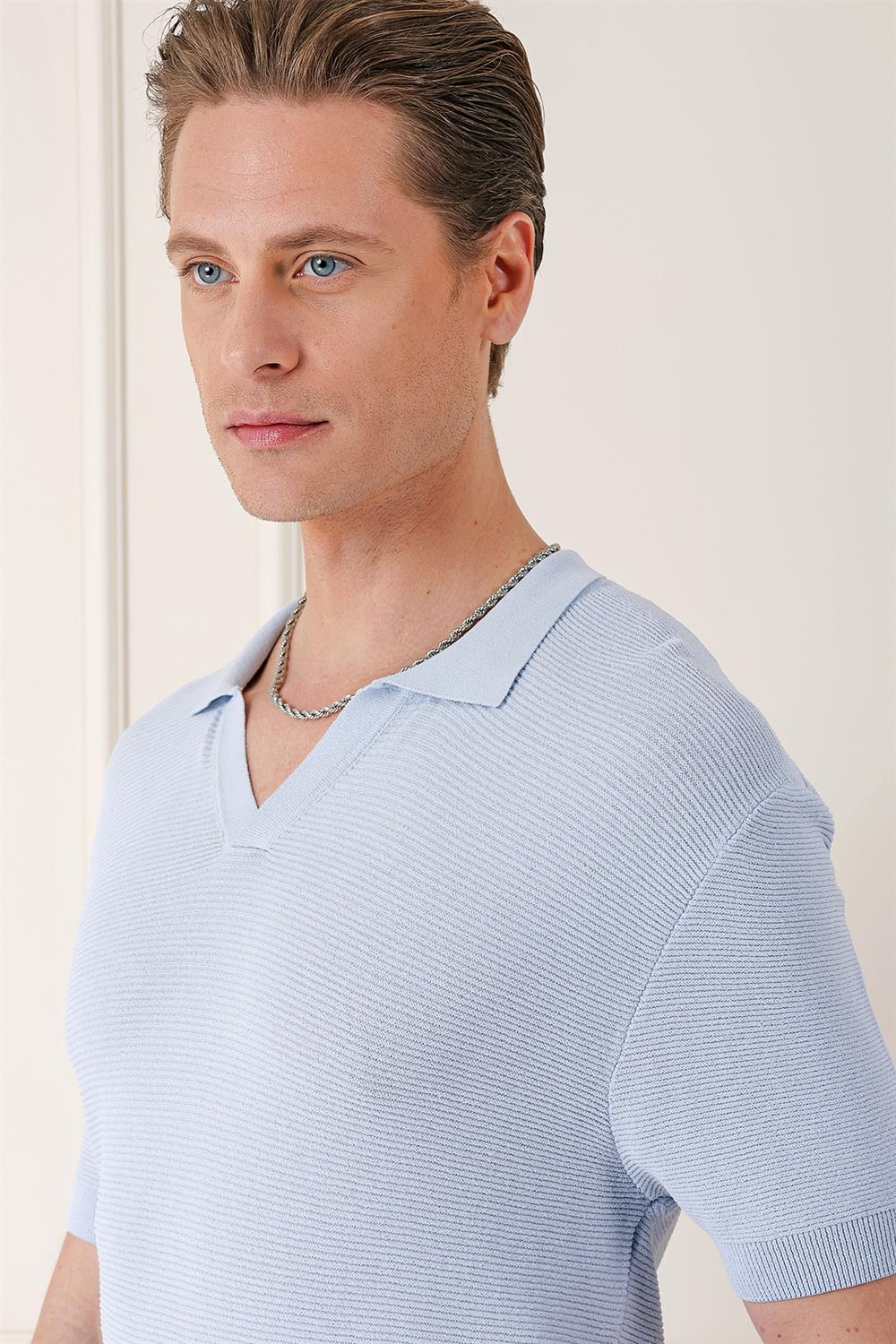 Tr 868 Slim Fit Polo Yaka Kısa Kol %100 Pamuk Mavi Triko