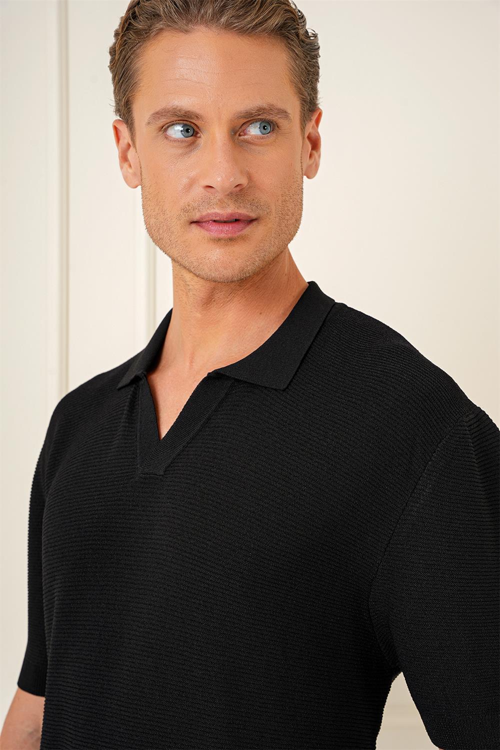 Tr 868 Slim Fit Polo Yaka Kısa Kol %100 Pamuk Siyah Triko