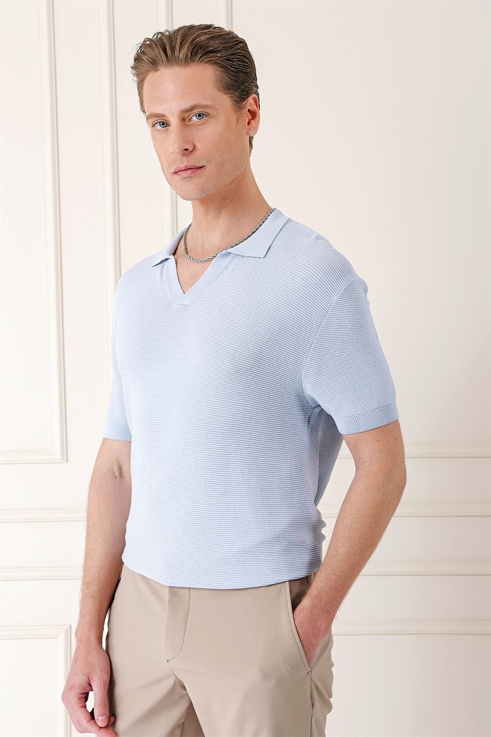 Tr 868 Slim Fit Polo Yaka Kısa Kol %100 Pamuk Mavi Triko