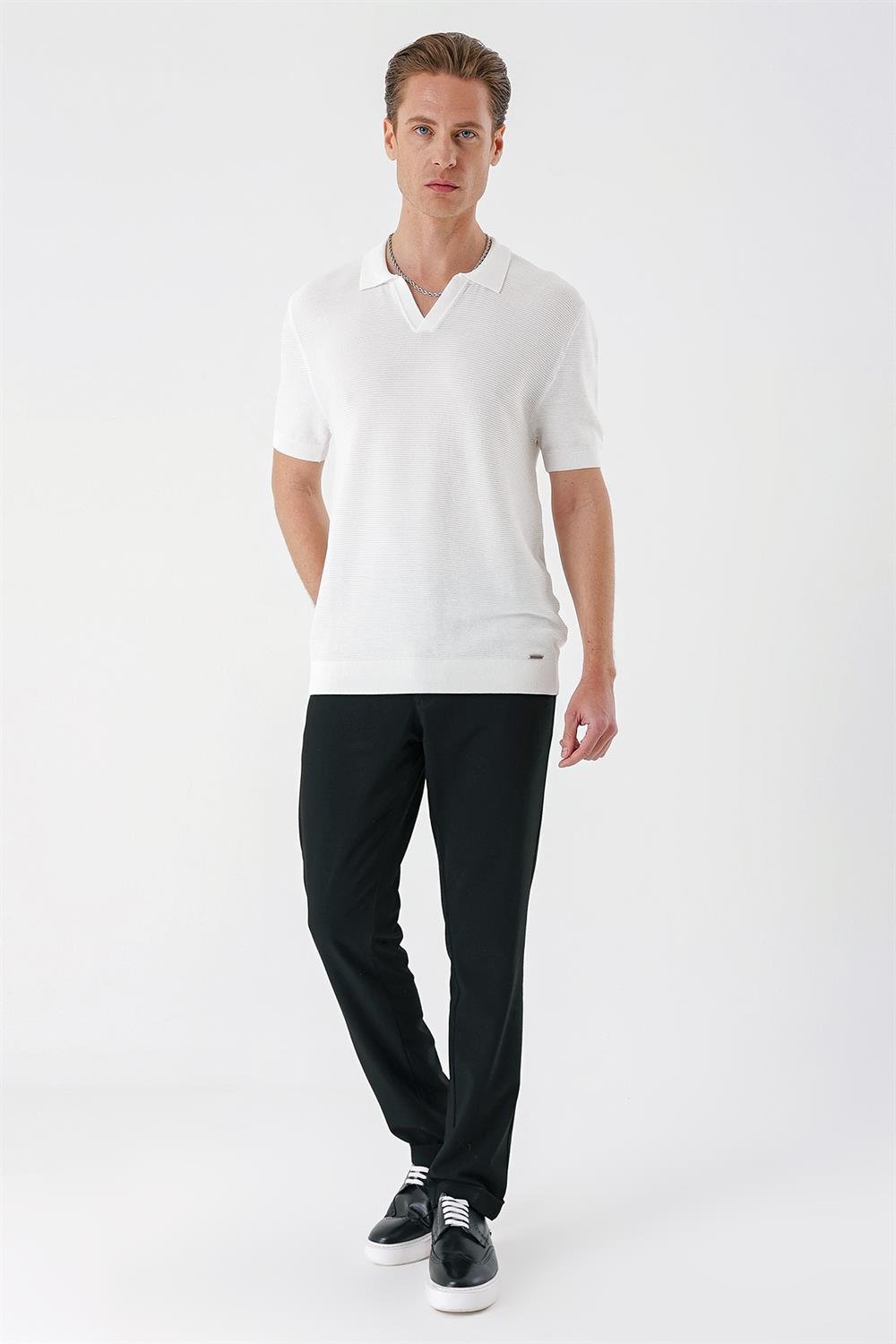 Tr 868 Slim Fit Polo Yaka Kısa Kol %100 Pamuk Beyaz Triko