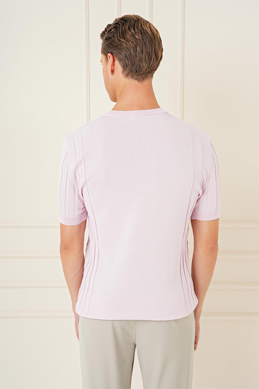 Tr 869 Slim Fit Bisiklet Yaka Kısa Kol Pembe Triko