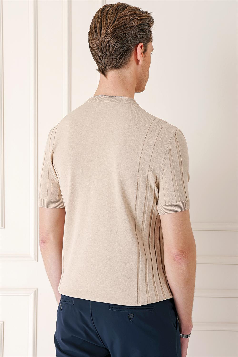 Tr 869 Slim Fit Bisiklet Yaka Kısa Kol Bej Triko