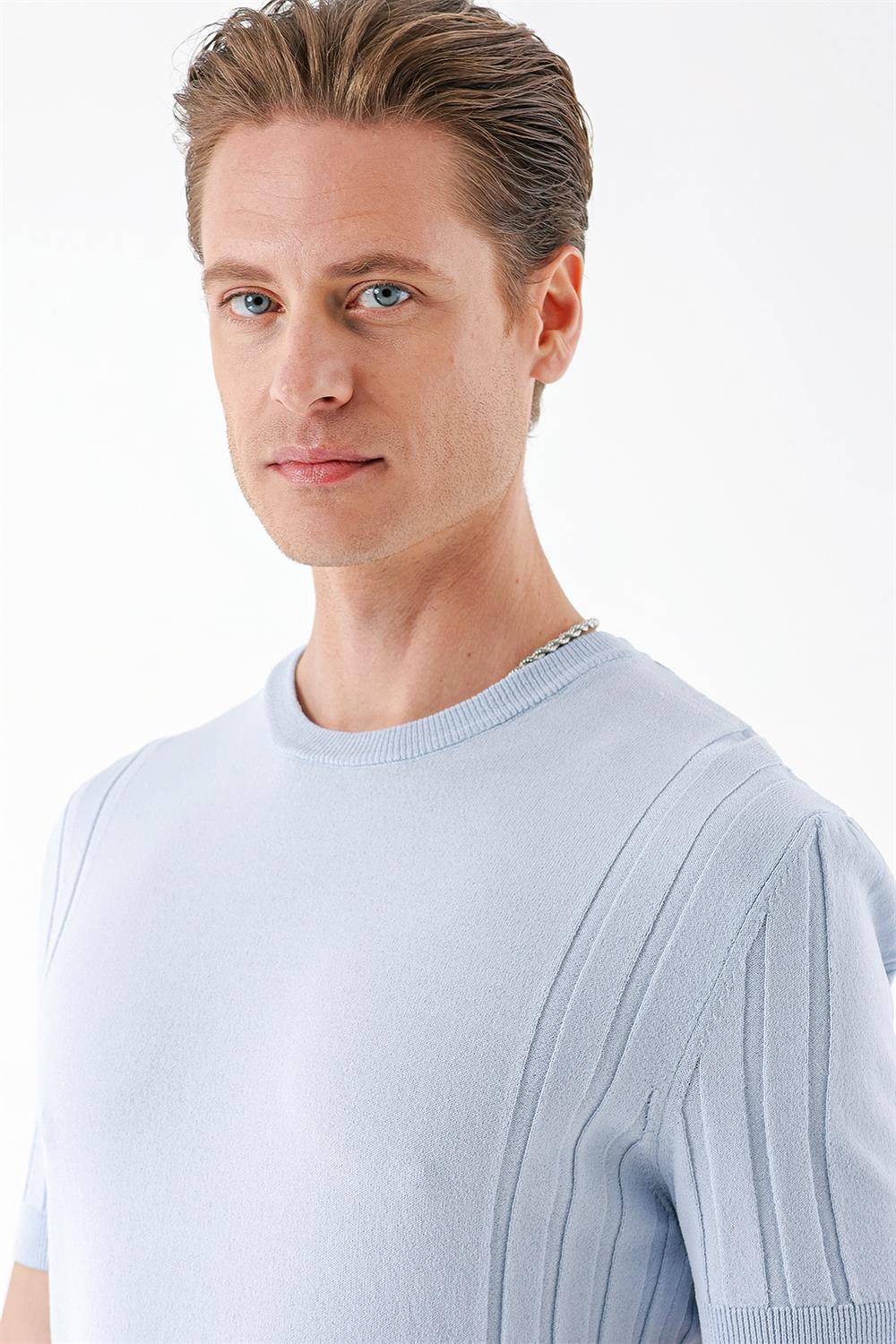 Tr 869 Slim Fit Bisiklet Yaka Kısa Kol Mavi Triko