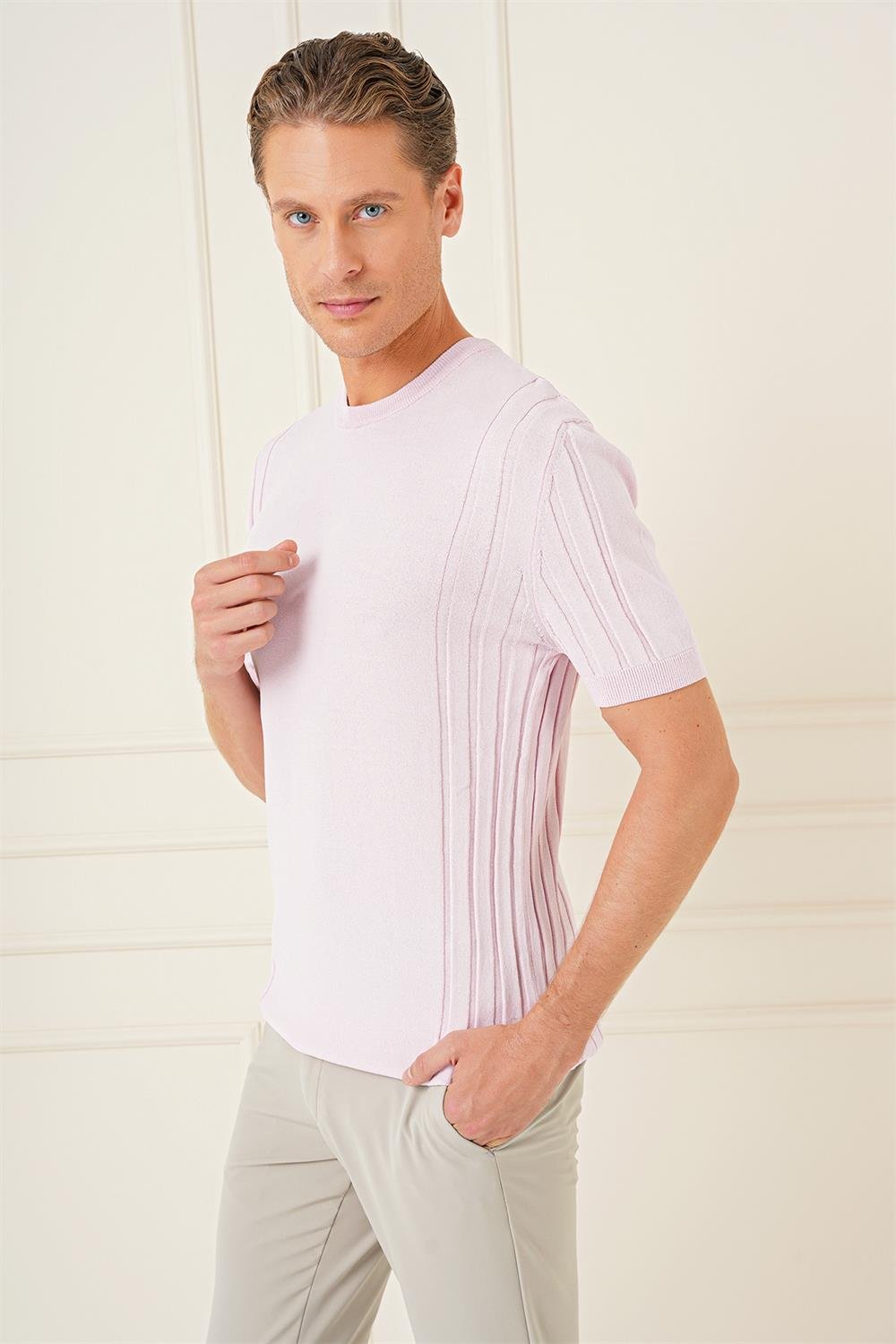 Tr 869 Slim Fit Bisiklet Yaka Kısa Kol Pembe Triko
