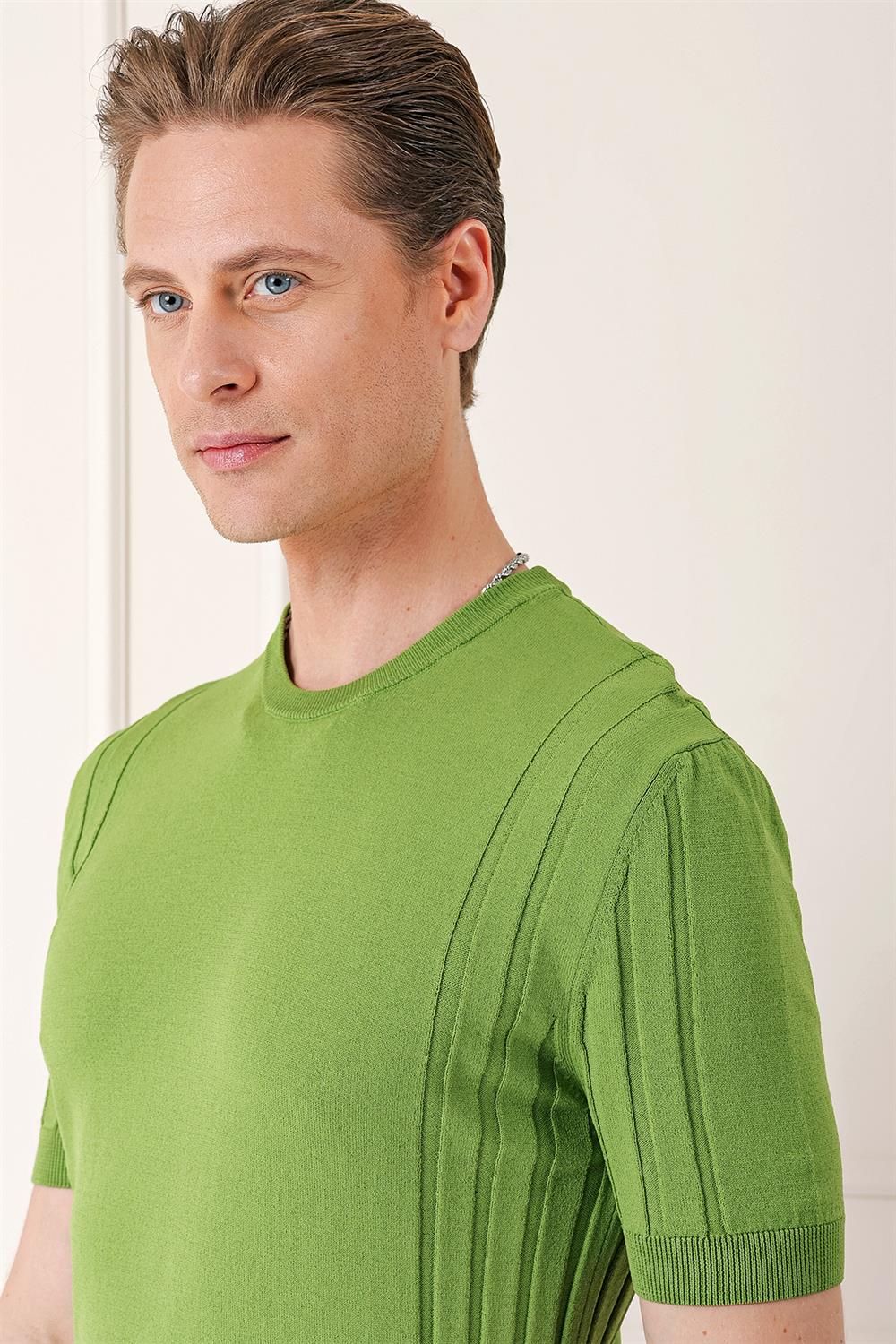 Tr 869 Slim Fit Bisiklet Yaka Kısa Kol Yeşil Triko