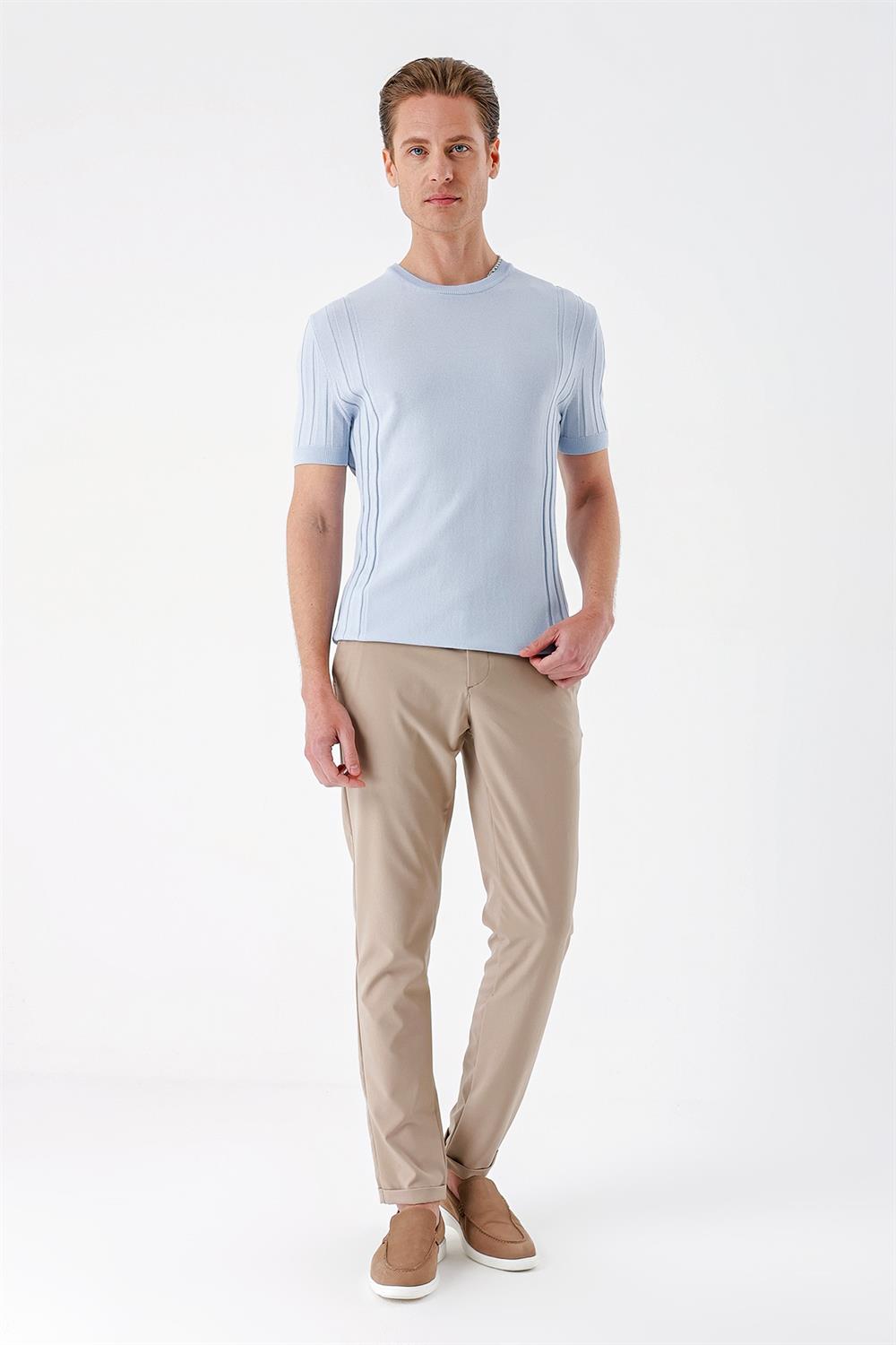 Tr 869 Slim Fit Bisiklet Yaka Kısa Kol Mavi Triko
