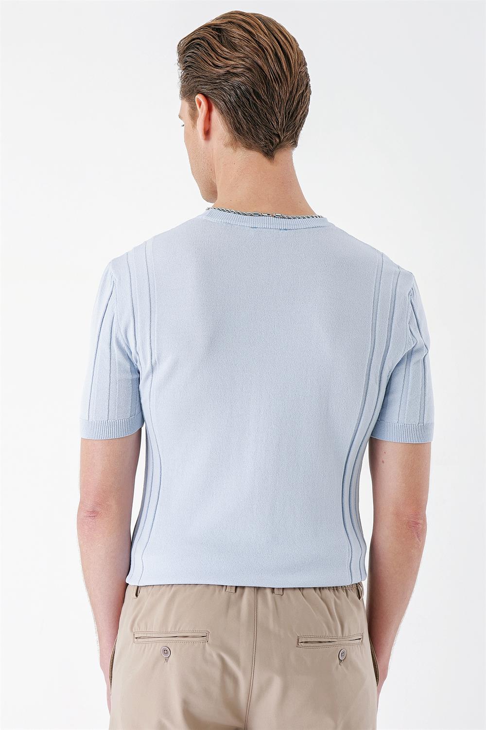 Tr 869 Slim Fit Bisiklet Yaka Kısa Kol Mavi Triko