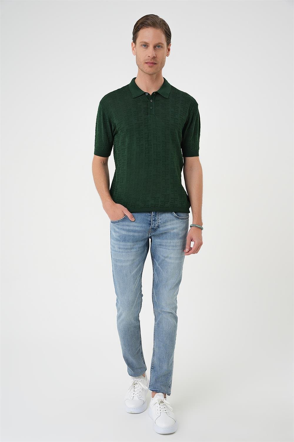Tr 880 Comfort Fit Polo Yaka Pamuklu Kısa Kol Casuel Yeşil Triko Tişört